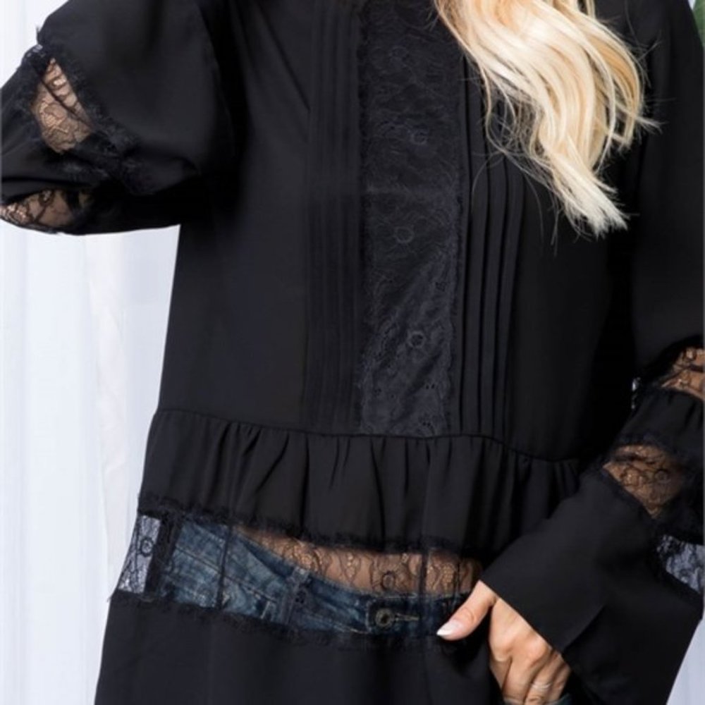 Black Long bell Sleeved Lace detailed Blouse - Picture 5 of 7